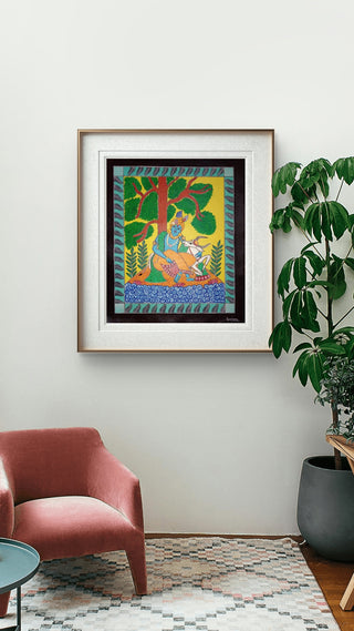 Lord Krishna With His Cow By The River In Mithilla Art -Acrylic (46" * 60")By Artist Sanjana Banka