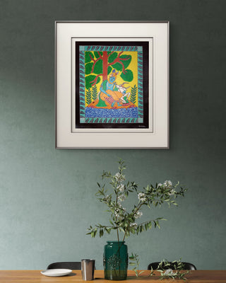 Lord Krishna With His Cow By The River In Mithilla Art -Acrylic (46" * 60")By Artist Sanjana Banka