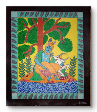 Lord Krishna With His Cow By The River In Mithilla Art -Acrylic (46" * 60")By Artist Sanjana Banka